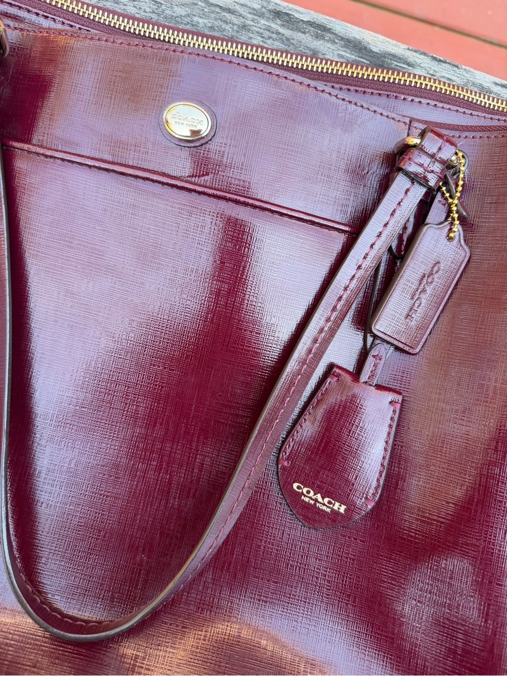 Coach Saffiano Patent Leather Triple Compartment Carryall Tote- Burgundy Merlot - Picture 7 of 16